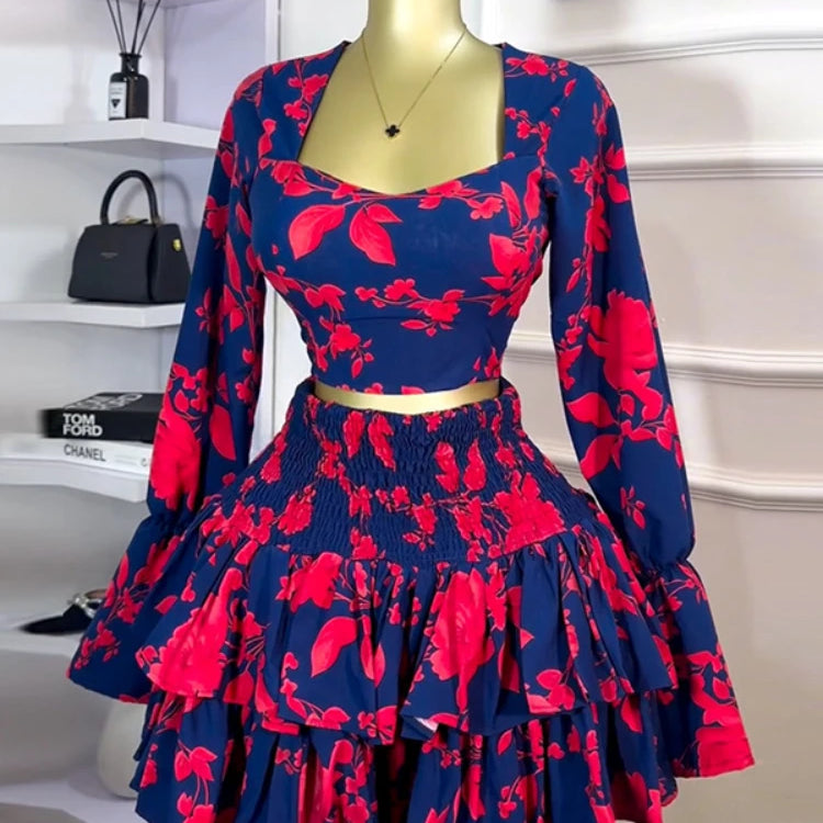 CM.YAYA Beach Women Set Street Print Long Sleeve Shirts + Pleated Ruffles Mini Skirts Suits 2025 Party Street Two 2 Piece Sets