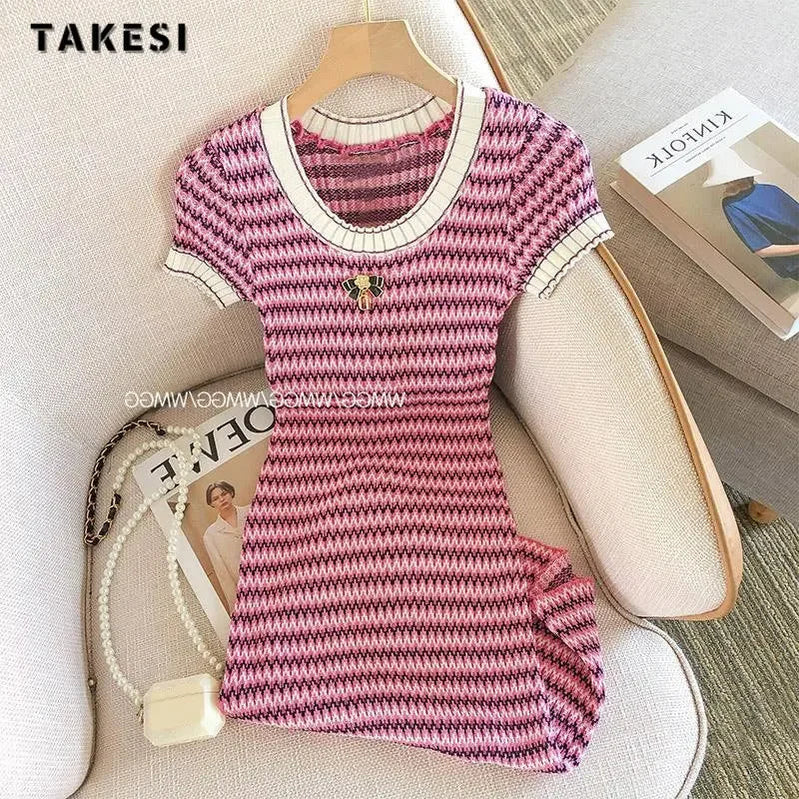 Women Short Sleeve Round Neck Striped Luxury Sheath Mini Dresses Summer Patchwork High Waist Slim Fit Knitting Dress