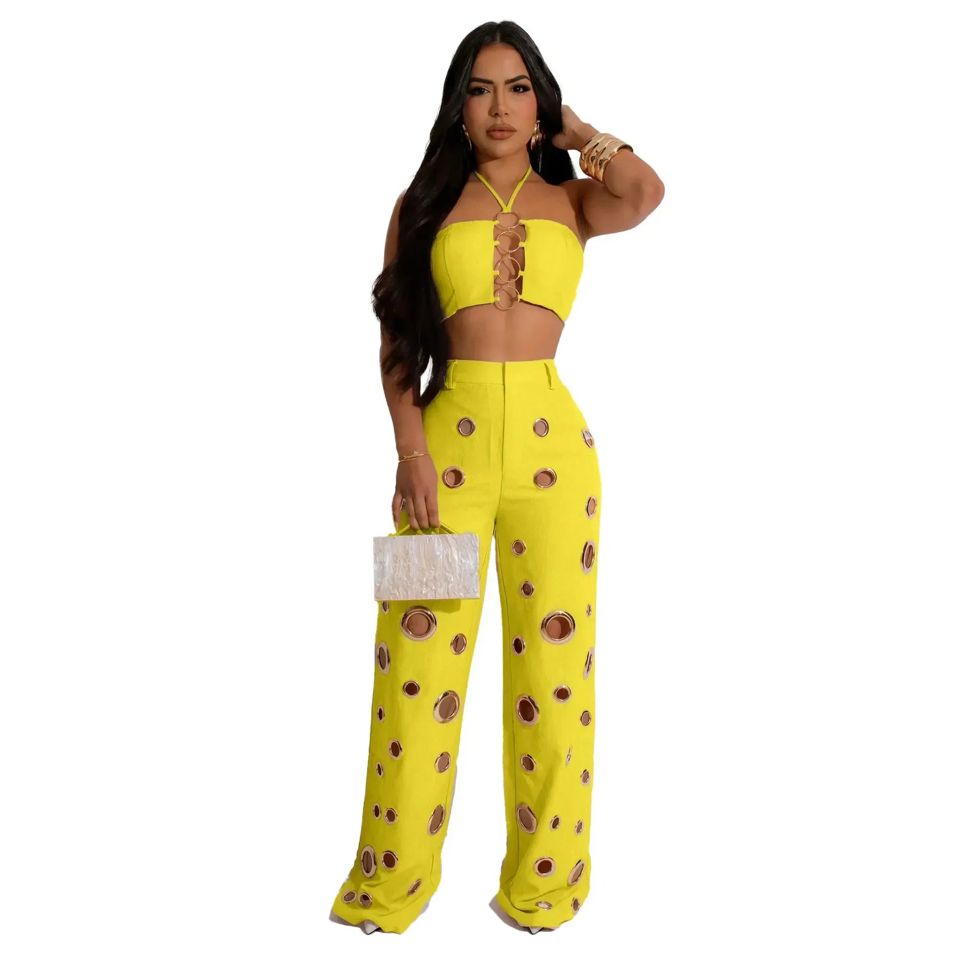 CM.YAYA Women Set Sleeveless Strapless Tops +Wide Leg Pants Two 2 Piece Set Hole Hollow Out Outfit Summer Sexy Street Tracksuit Yellow