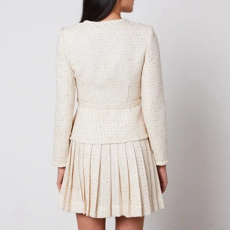 TWOTWINSTYLE Solid Slimming Two Piece Sets for Women V Neck Long Sleeevs Spliced Button Top High Waist Pleated Skirts Set Female