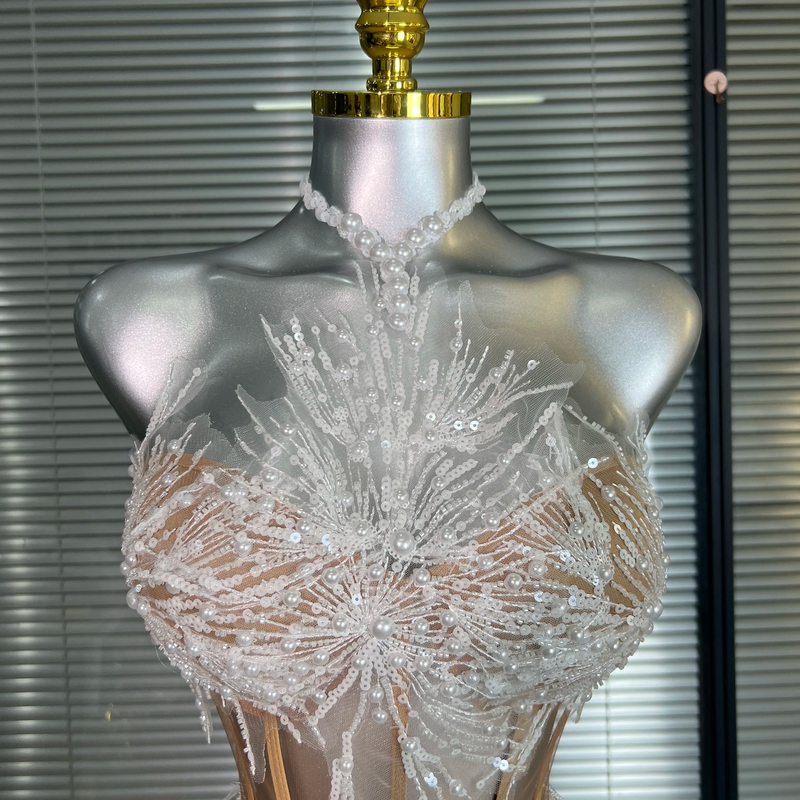 Women Sexy Sequins White Sparkly Two Pieces Set Shinning Fancy Night Club Skirt Suits Singer Dancer Stage Costume