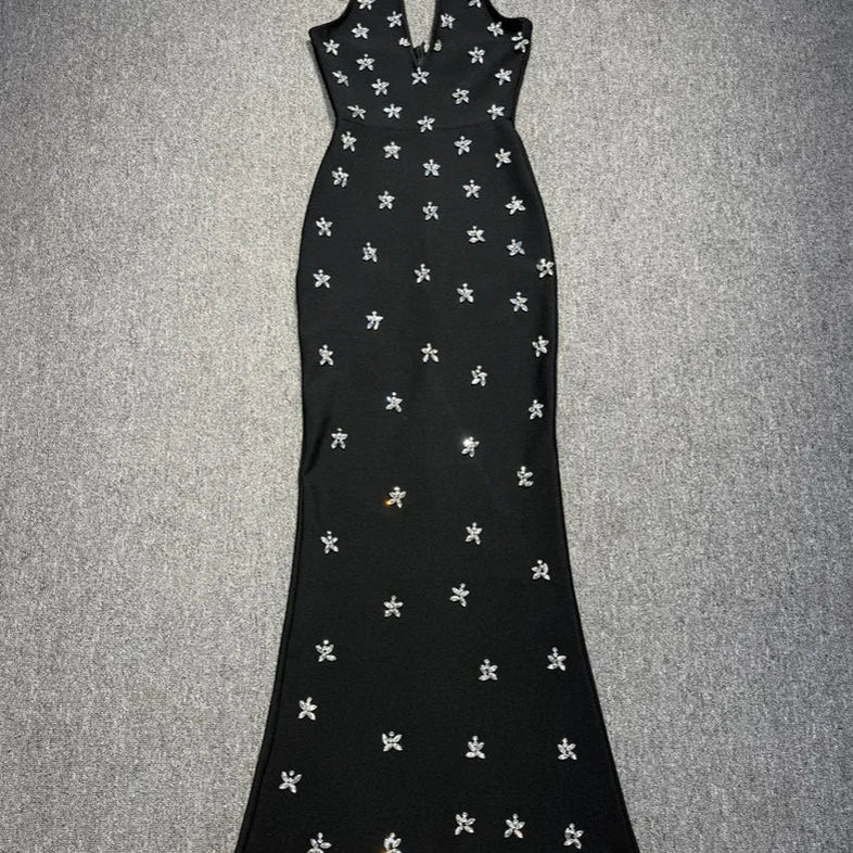 Women Sleeveless Sexy Halter Off the Shoulder Shinning Crystal Bodycon Long Bandage Dress Celebrate Evening Outfit