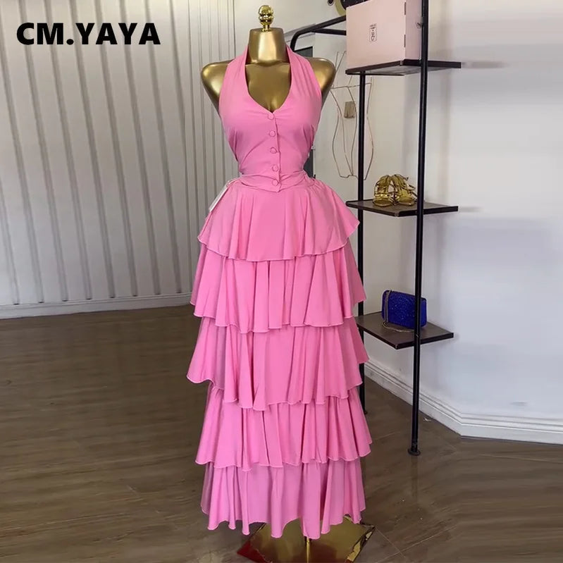 CM.YAYA Women's Dress Set Sleeveless Vest Tops and Pleated Tiered Skirts Suit Elegant Holiday Birthday Two 2 Piece Set Outfits