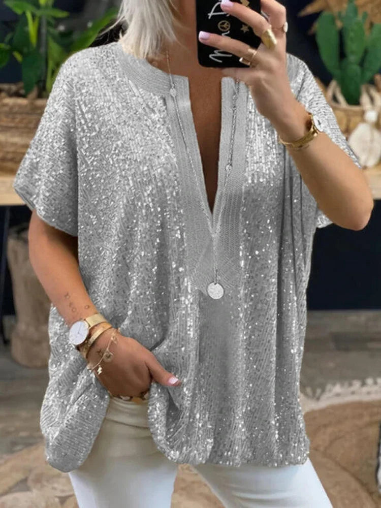 Women Blouses and Tops Large Size Designers Summer Short Sleeve V Neck Sequin Splic Long Shirts Womans Clothing