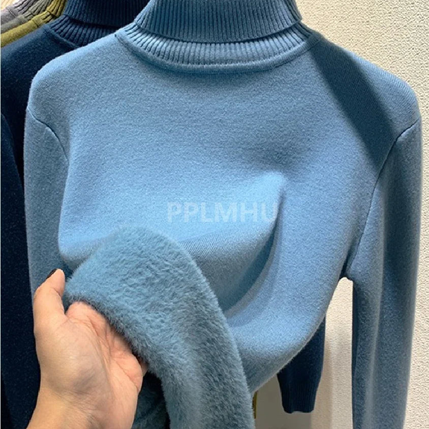 Warm Knit Pullover New Thicken Turtleneck Sweater For Winter Women Casual Slim Plush Lined Soft Long Sleeve Knitwear Jumper Tops basic blue