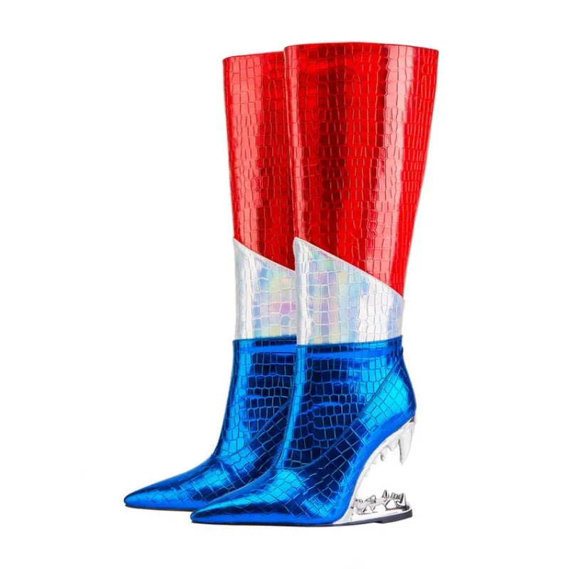 Short Plush 10cm Wolf Teeth Heel Knee Length Boots Back Zipper Pointed Colored Calf Winter Boots Silver Autumn Boots