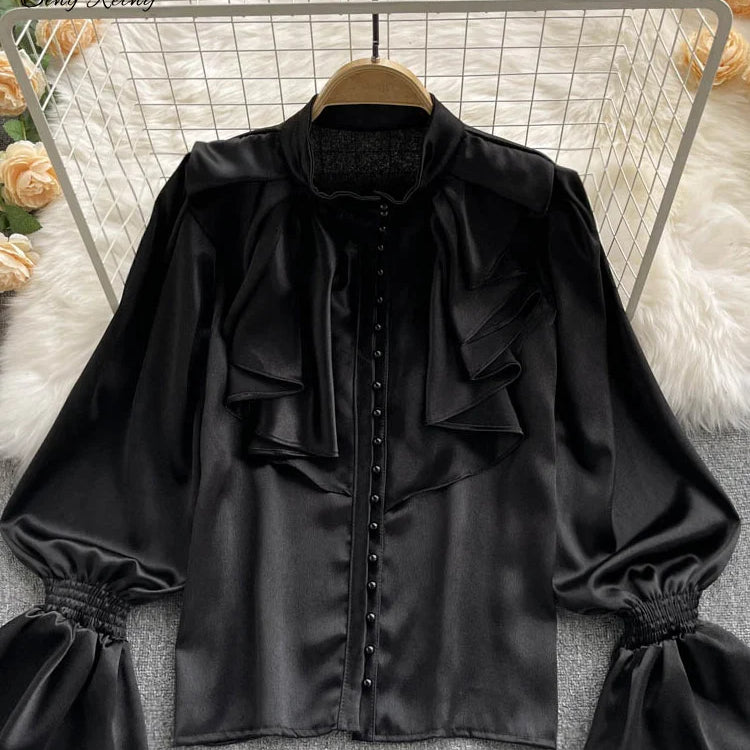 Satin Loose Shirt Long Flared Sleeves Ruffles O Neck Beading Women Gentle Office Lady Casual Blouse