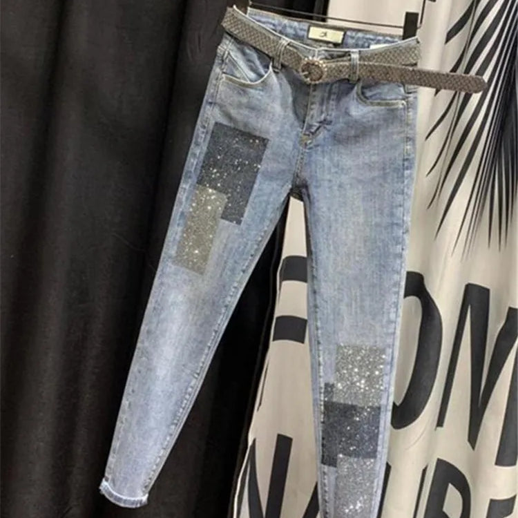 Streetwear Women Clothing High Waist Beading Jeans New Thin Slim Sequined Female Pencil Denim Pants Spring Summer Pantalon Femme