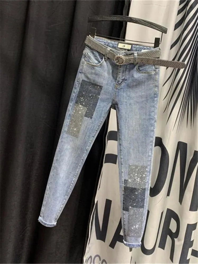 Streetwear Women Clothing High Waist Beading Jeans New Thin Slim Sequined Female Pencil Denim Pants Spring Summer Pantalon Femme