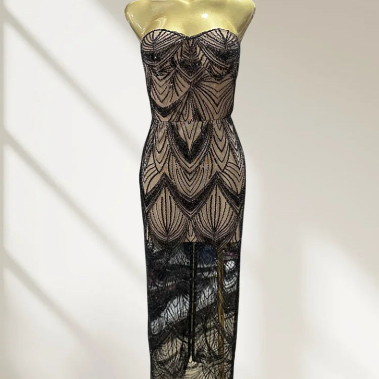 Shining Black Sequins Sexy Mesh See Through  Straplerss Ankle Length Dress Woman Birthday Party Dress Celebrity Party Vestido