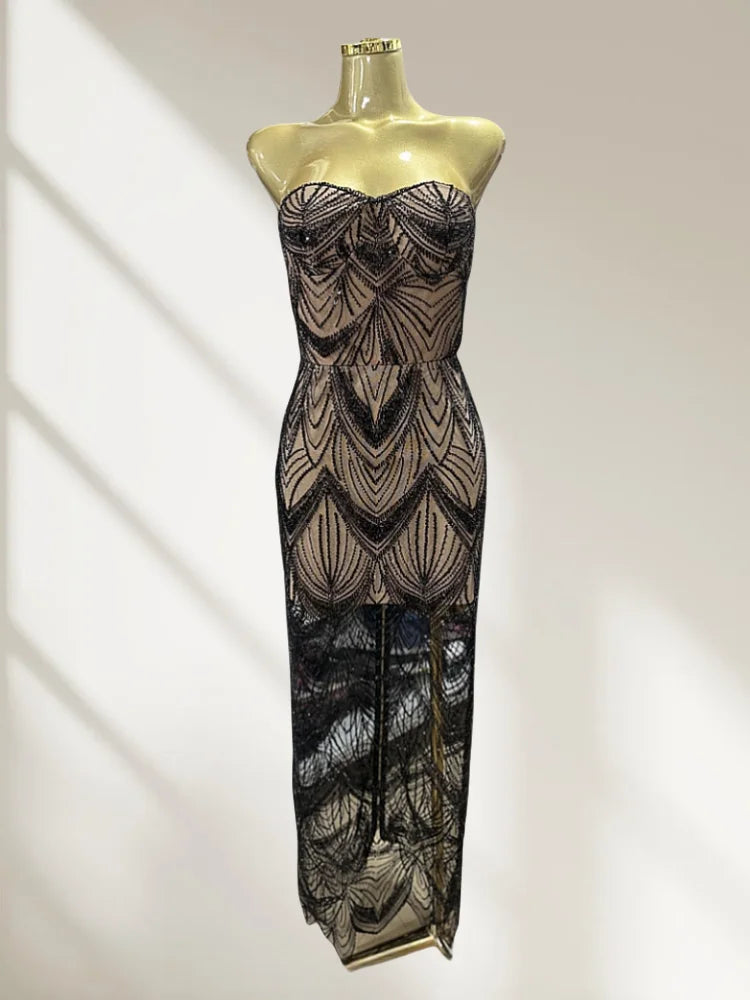 Shining Black Sequins Sexy Mesh See Through  Straplerss Ankle Length Dress Woman Birthday Party Dress Celebrity Party Vestido