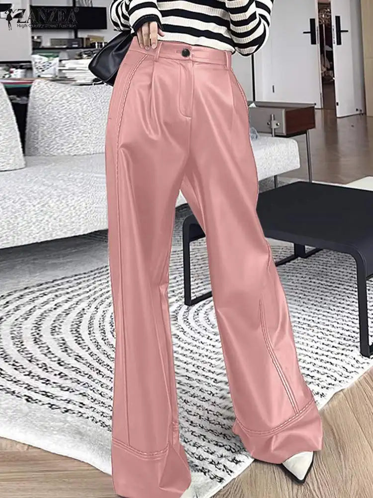Stretchy Faux Leather Pants Sexy High Waist Pantalon Bell Bottom Flared Long Pant Women Elegant PU Wide Leg Trousers