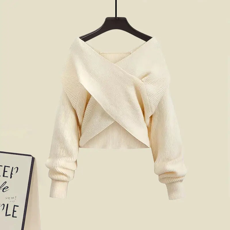 Autumn/Winter New Korean Elegant Matching Set Women's Fashion Cross Knit Sweater+Bottom Shirt+Strap Dress Three Piece Suit Apricot Sweater