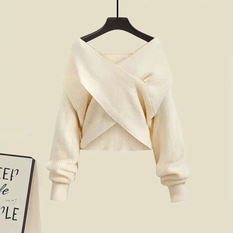 Autumn/Winter New Korean Elegant Matching Set Women's Fashion Cross Knit Sweater+Bottom Shirt+Strap Dress Three Piece Suit Apricot Sweater