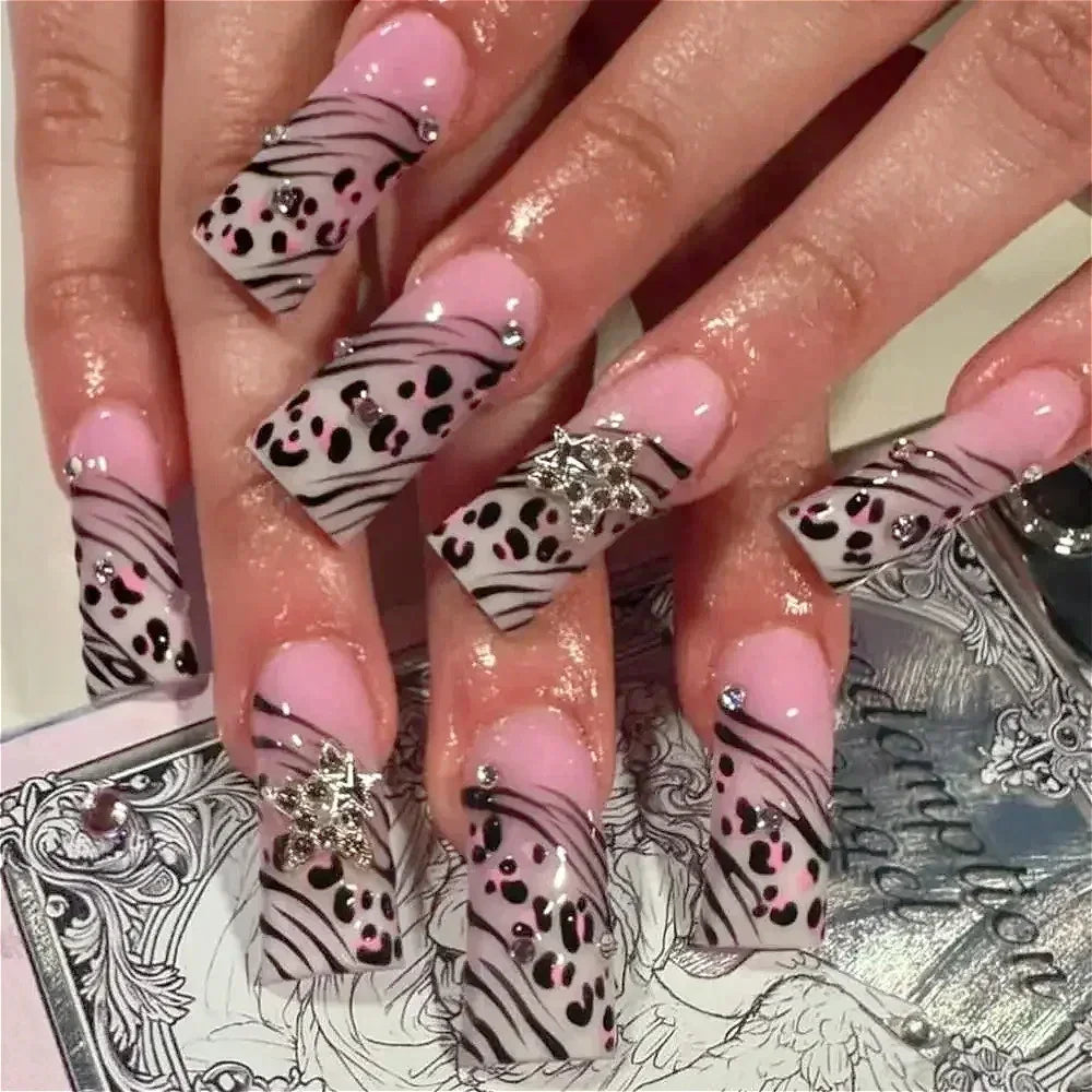 Cherry Leopard Print Almond Fake Nails Art Ballet Pointed False Nails Charms Flower Star Love Heart Press on Nails Manicure Tool