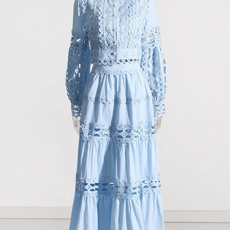 TWOTWINSTYLE Elegant Two Piece Sets For Women Stand Collar Lantern Sleeve Tops High Waist Skirt Hollow Out Set Female Clothing BLUE