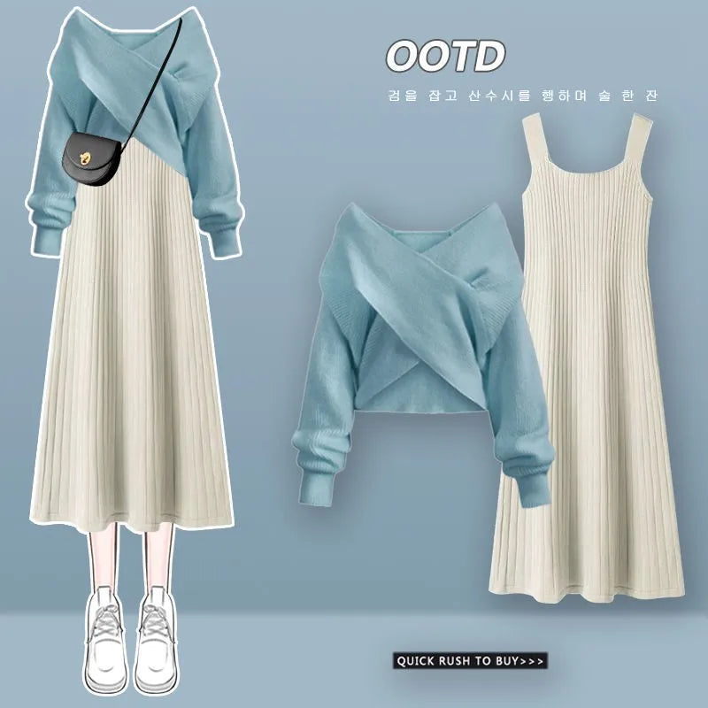 Women's Autumn Winter Knit Dress Two Piece Fashion Cross Sweater+Suspended Skirt Matching Set Korean Elegant Chic Suit Set 03