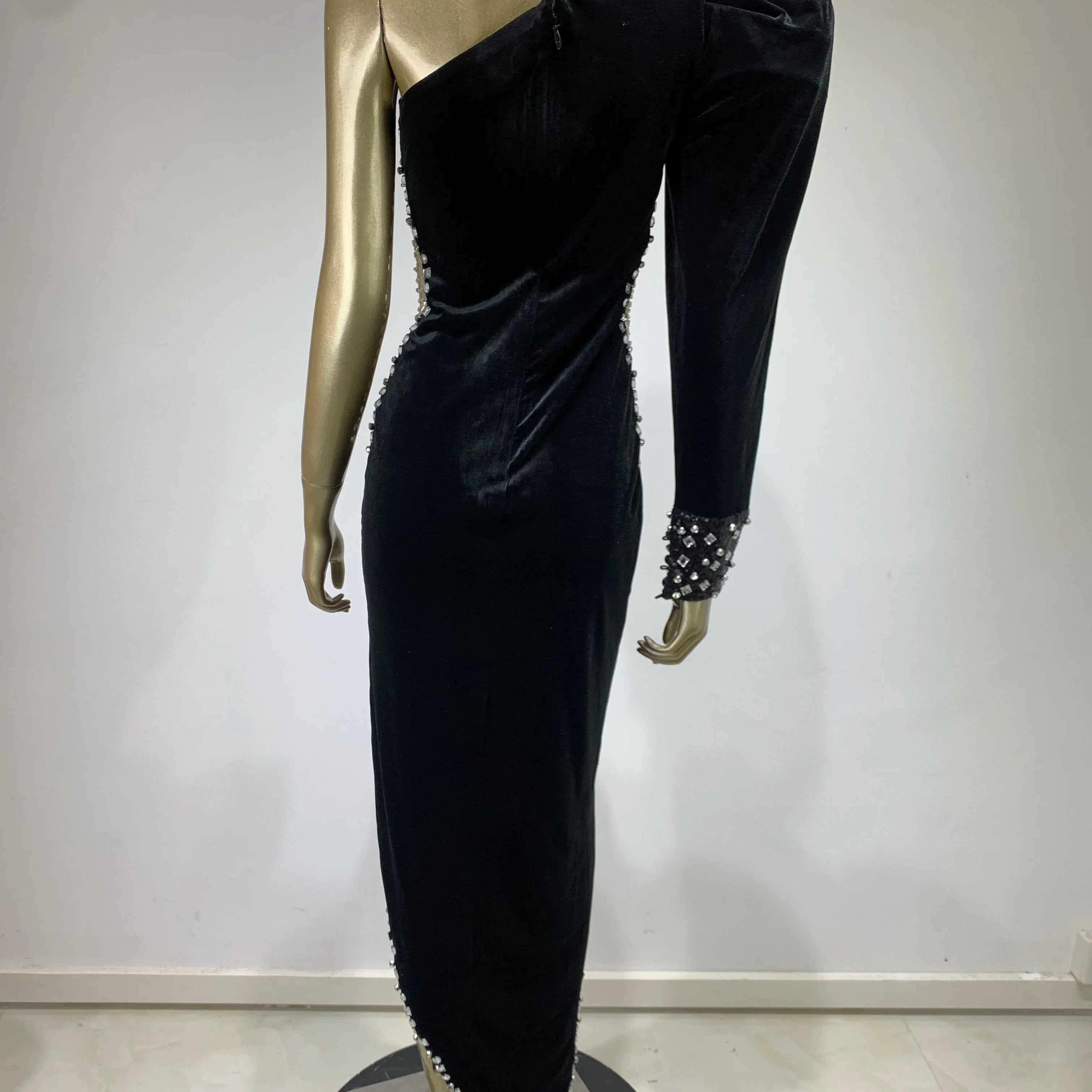 Women Winter  Sexy One Shoulder Long Sleeve Beading Diamonds Maxi Long Gowns Dress Elegant Celebrity Evening Party Club Dress