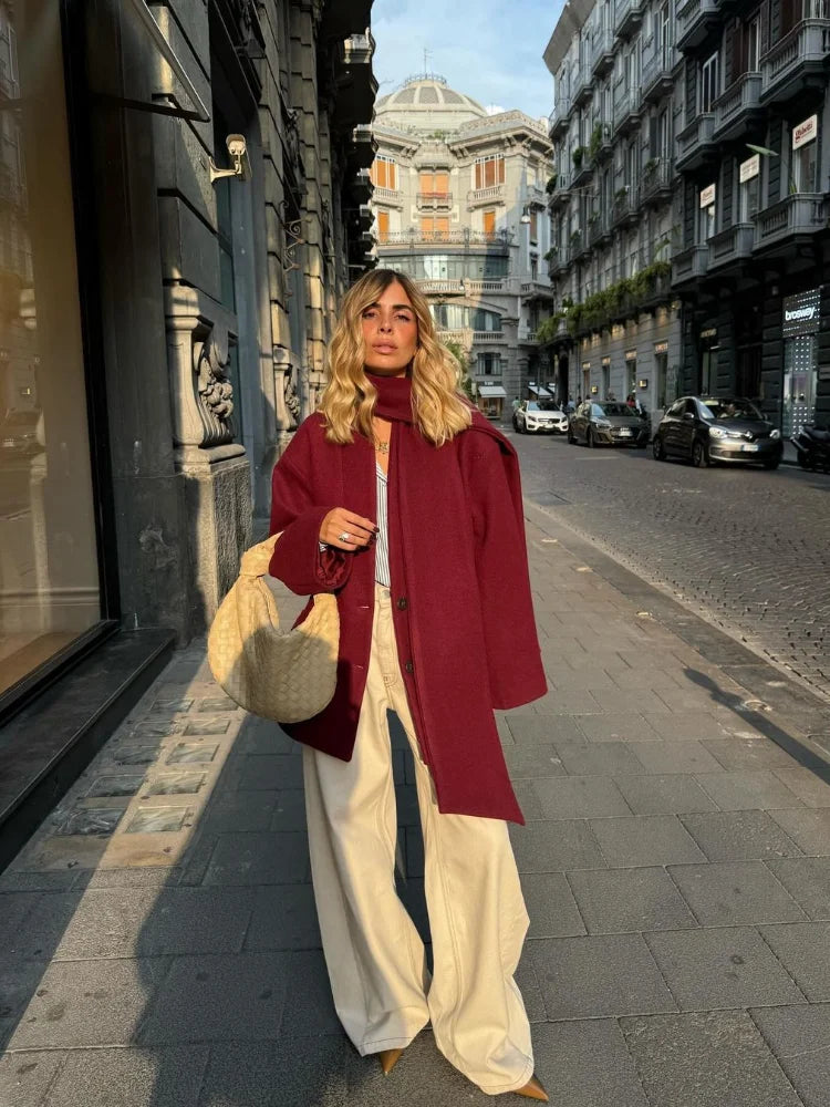 New Fashion Burgundy Red Woolen Suit Jacket With Scarf Collar Women Chic Oversized Flip Pockets Solid Coats Lady Streetwear