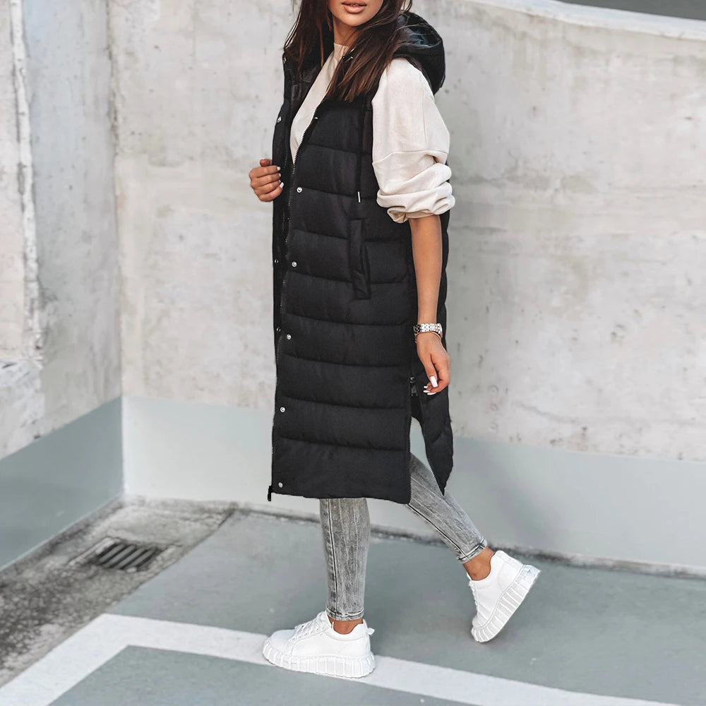 Winter New Hooded Warm Mid-length Vest Jacket Spring Women Casual Loose Solid Color Hood Sleeveless Zip Multi-pocket Waistcoat