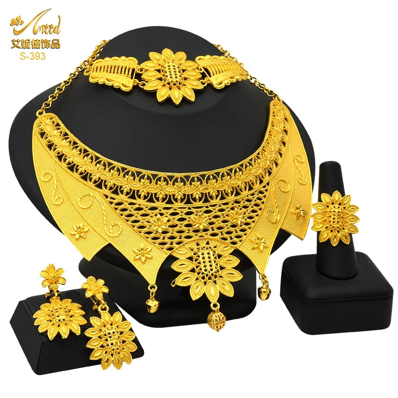 Indian Big Plated Gold Jewelry Women Necklace Sets Dubai African Party Bridal Wedding Gifts Arabic Necklace Jewelry Sets S-393