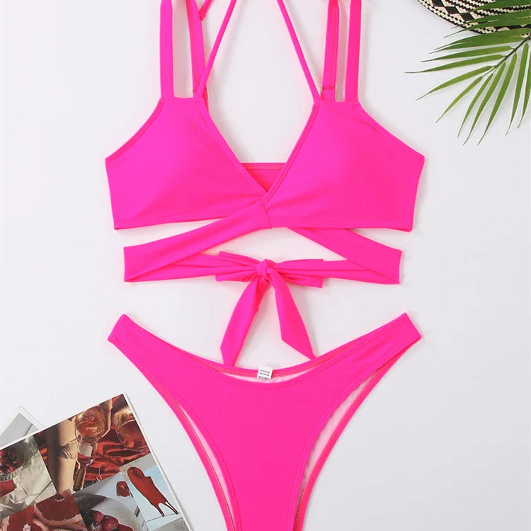 Bikini Women Swimsuit New Solid Sling Lace Up Bikinis Set Sexy Thong Swimwear Summer Two Piece Beach Bathing Suit Female Pink