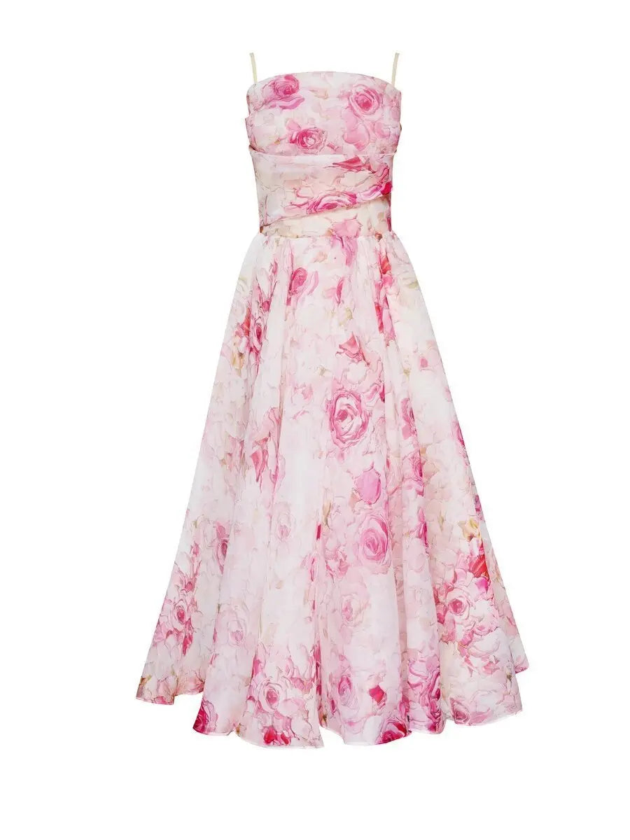 Bridal Luxury Evening Dresse Slim Fit Slash Neck A-LINE Sleeveless Ankle-Length Print Sling Chiffon Dress Women Pink