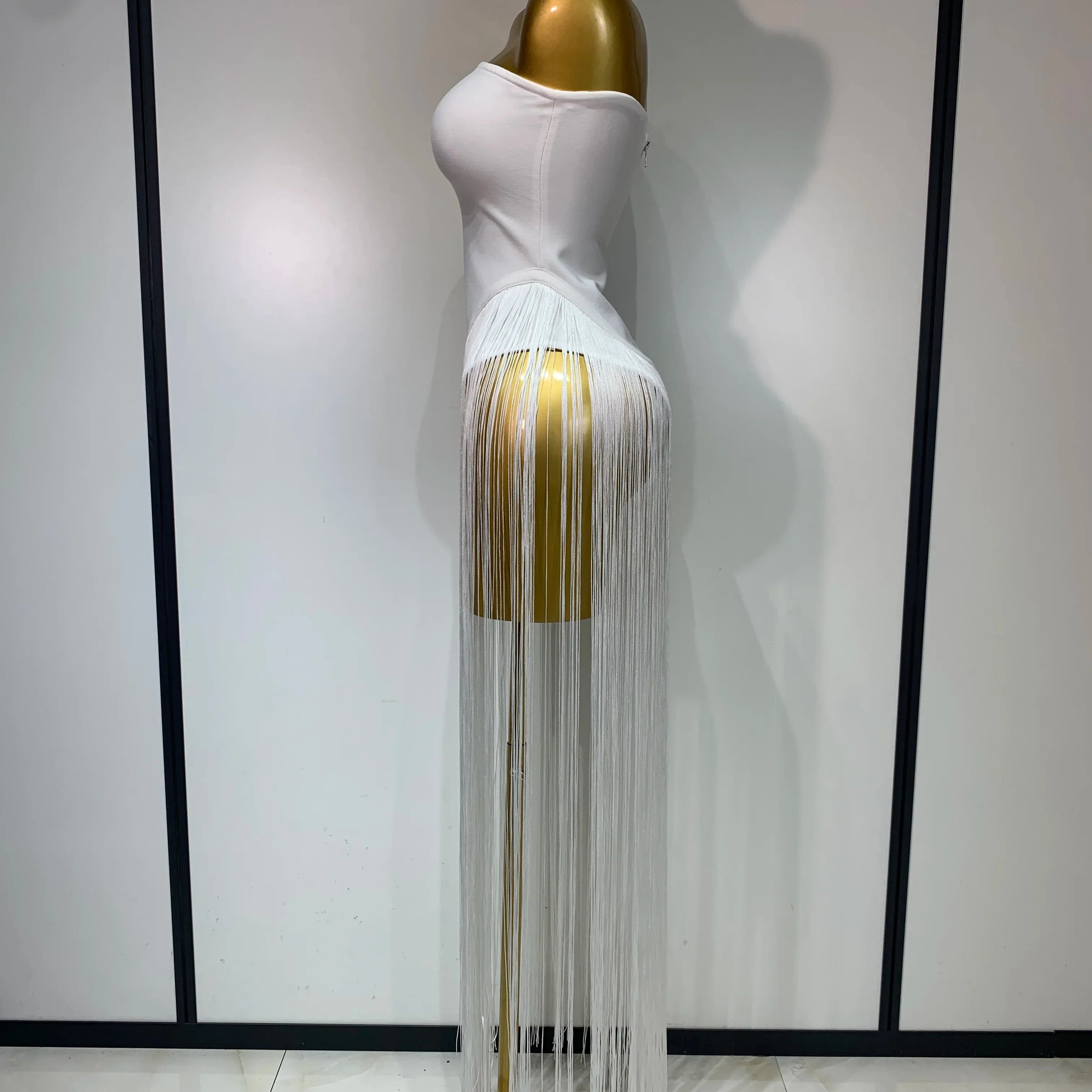 Women Sexy White Elegant Strapless Long Tassels Bandage Bodysuit Evening Party Luxury Birthdy Nightclub Singer Stage Outfit