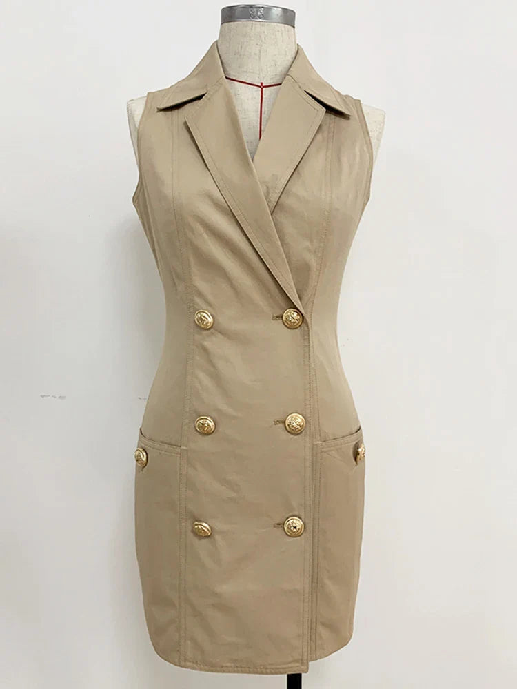 Top Quality Newest Stylish Summer Designer Women's Sleeveless Notched Collar Double Breasted Lion Buttons Mini Cotton Dres