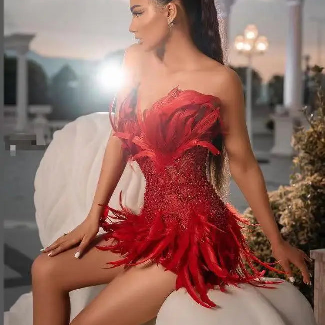 Luxurious Spring Red Color Women Strapless Feathers Bodycon Mini Dress Celebrate Birthday Cocktail Party Dress