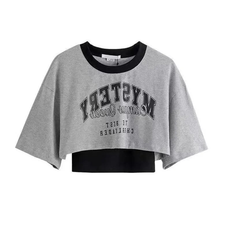 Korean Style Two-piece Patchwork Short Sleeved T-shirt with Ink Painting Wide Leg Pants Two-piece Female Student Pants Set