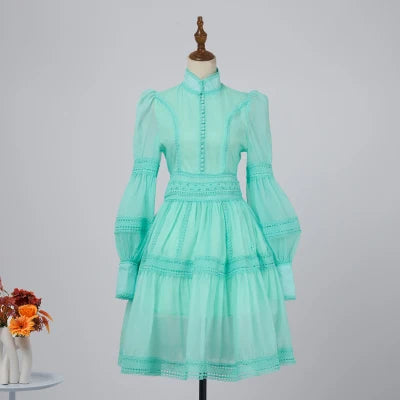 Runway Designer Embroidery Lace Patchwork Party Night Dress High Quality Lantern Sleeve Stand A Line Vintage Elegant Dress