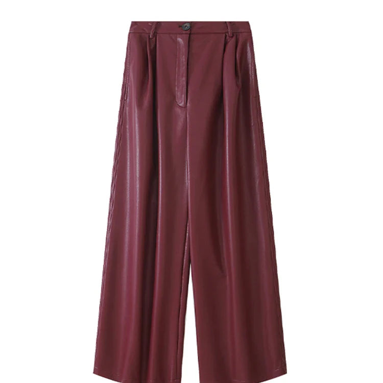 Spring Autumn Loose Casual Soft Black Burgundy Pu Leather Wide Leg Pants for Women High Waist Korean Style Fashion 2023