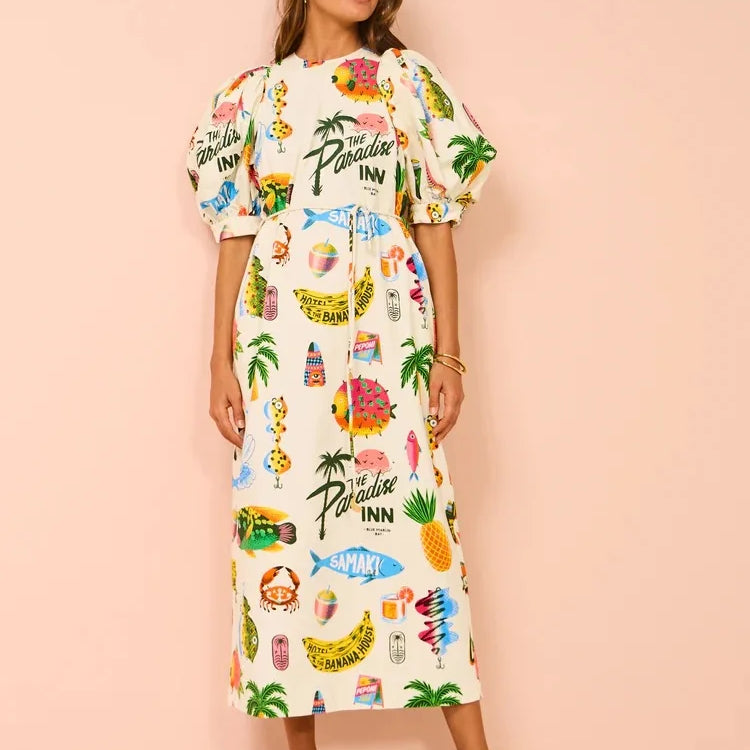 Women Hawaii Holiday Print Long Dress Short Sleeve Sashes Empire Waist Loose Vintage Retro Ladies Summer Beach Drsses NEW