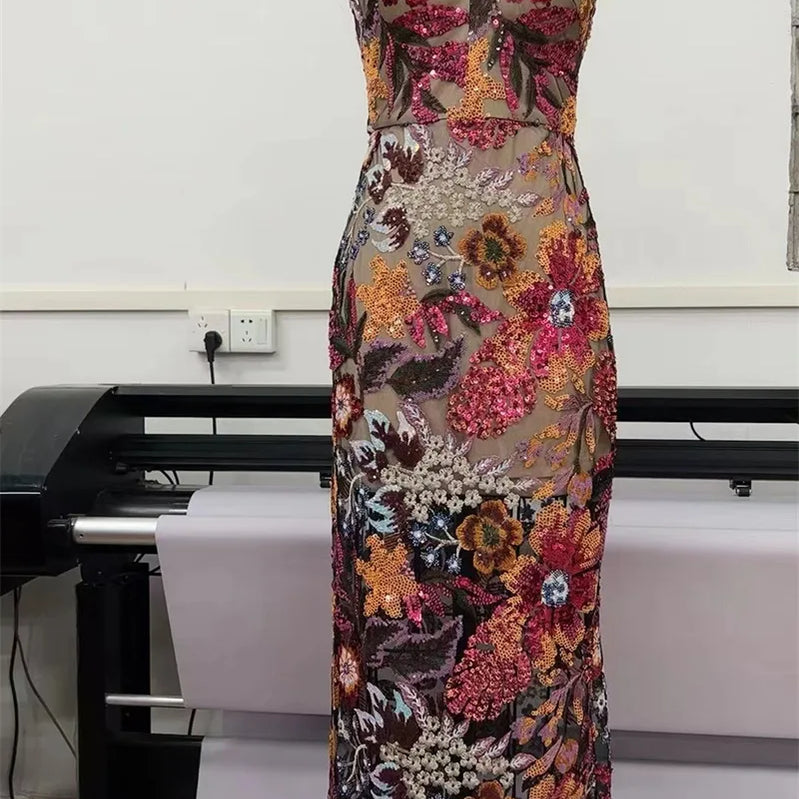 Sequin Flowers Embroidery Sexy Mesh See Through Strapless Ankle Length Dress Woman Party Evening Dress Celebrity Party Outfit