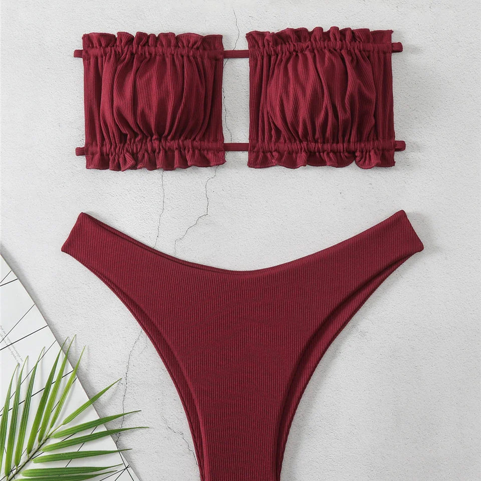 Back Lace Up Bikinis Women Solid Sexy Hollow Out Swimwear Female Beachwear Swimsuit Female Bathers Bathing Swimming Suit s4Red