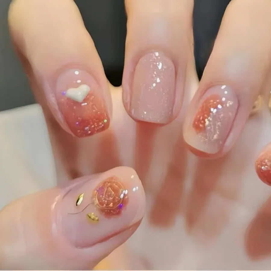 24pcs/set Medium Long fake nails for Spring summer beautiful flowers mushroom bees cute almond square tips press on false nails