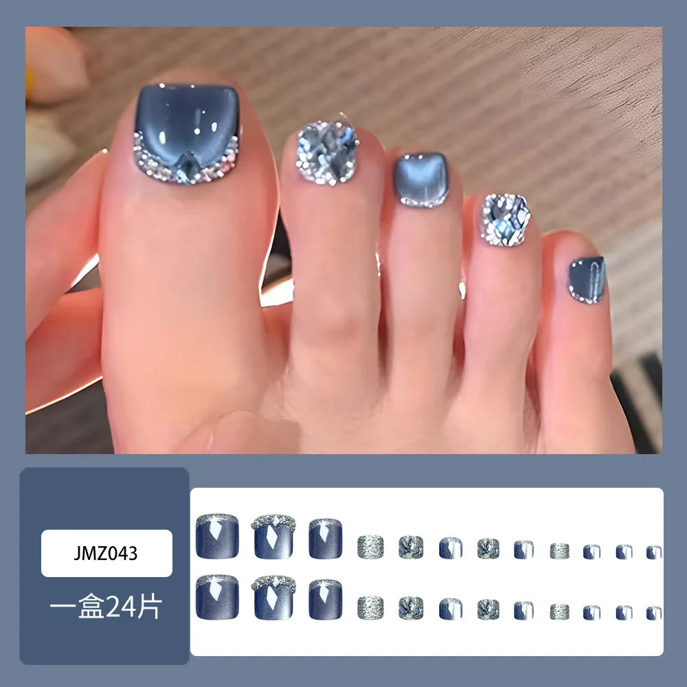 24pcs Blue Cat Eye False Toenails shiny Rhinestone Decor Fake Toenails Wearable Reusable Fashion Korean Press on Toenails
