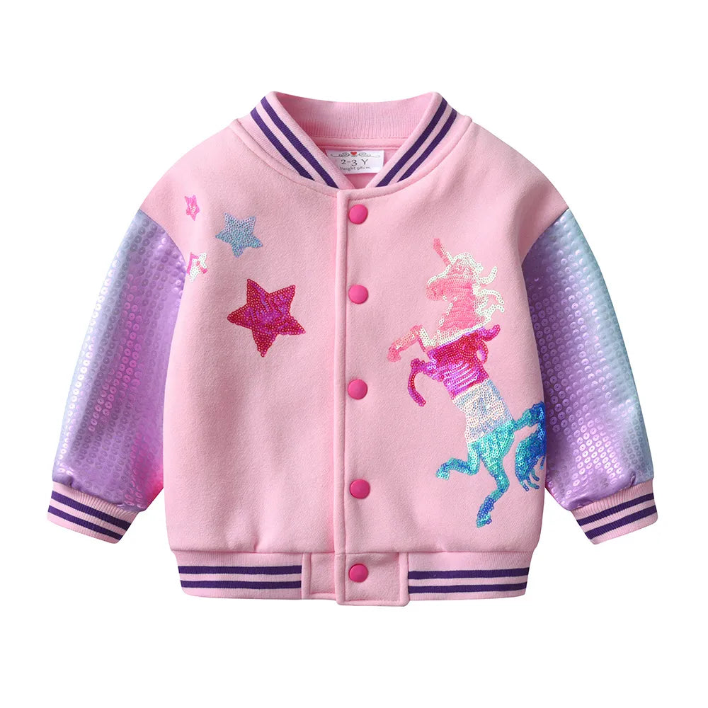 VIKITA Kids Autumn Winter Thick Jacket and Coat Girls Unicorn Sequined Appliqued Pink Outwear Kids Cotton Casual Sport Jackets SW2101