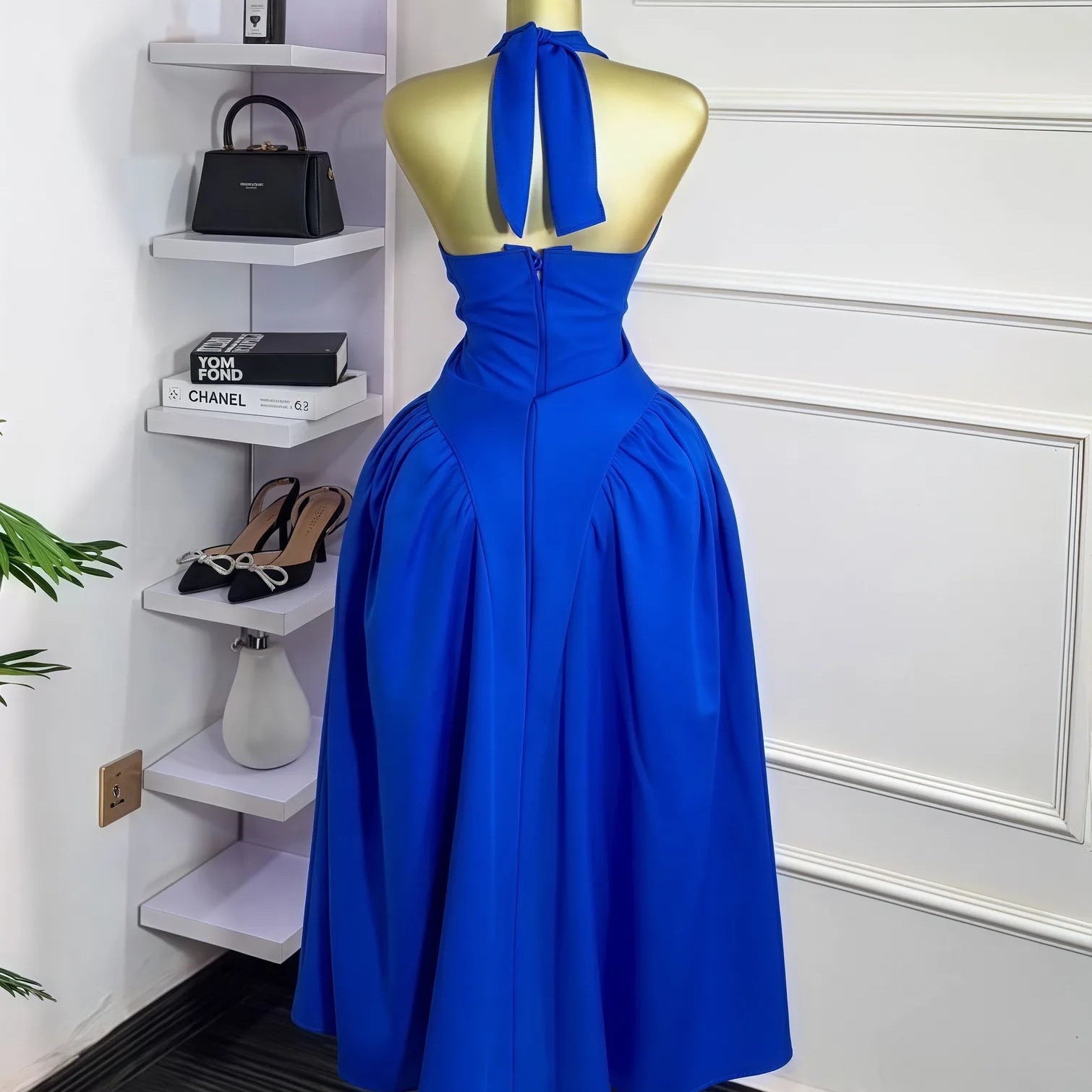 CM.YAYA Women Halter V-neck Backless Sleeveless Big Swing Bodycon Mid Maxi Long Dress 2025 Vacation Sexy Party Evening Dresses