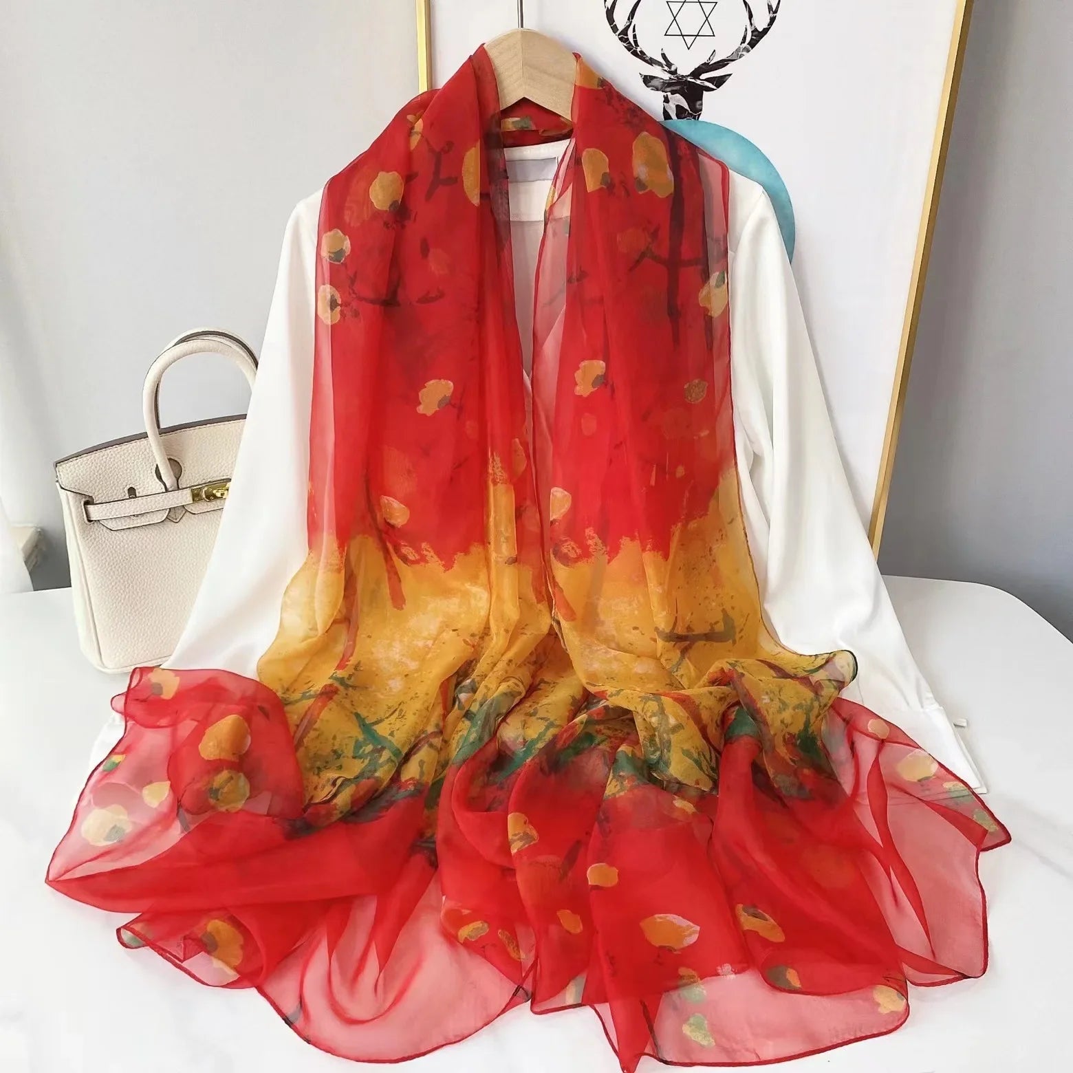 Print Silk Scarf Hijab Women Spring Deisgn Soft Beach Stoles Elegant Head Scarves Echarpe Shawl Satin Large Wrap Echarpe Bandana see chart 21