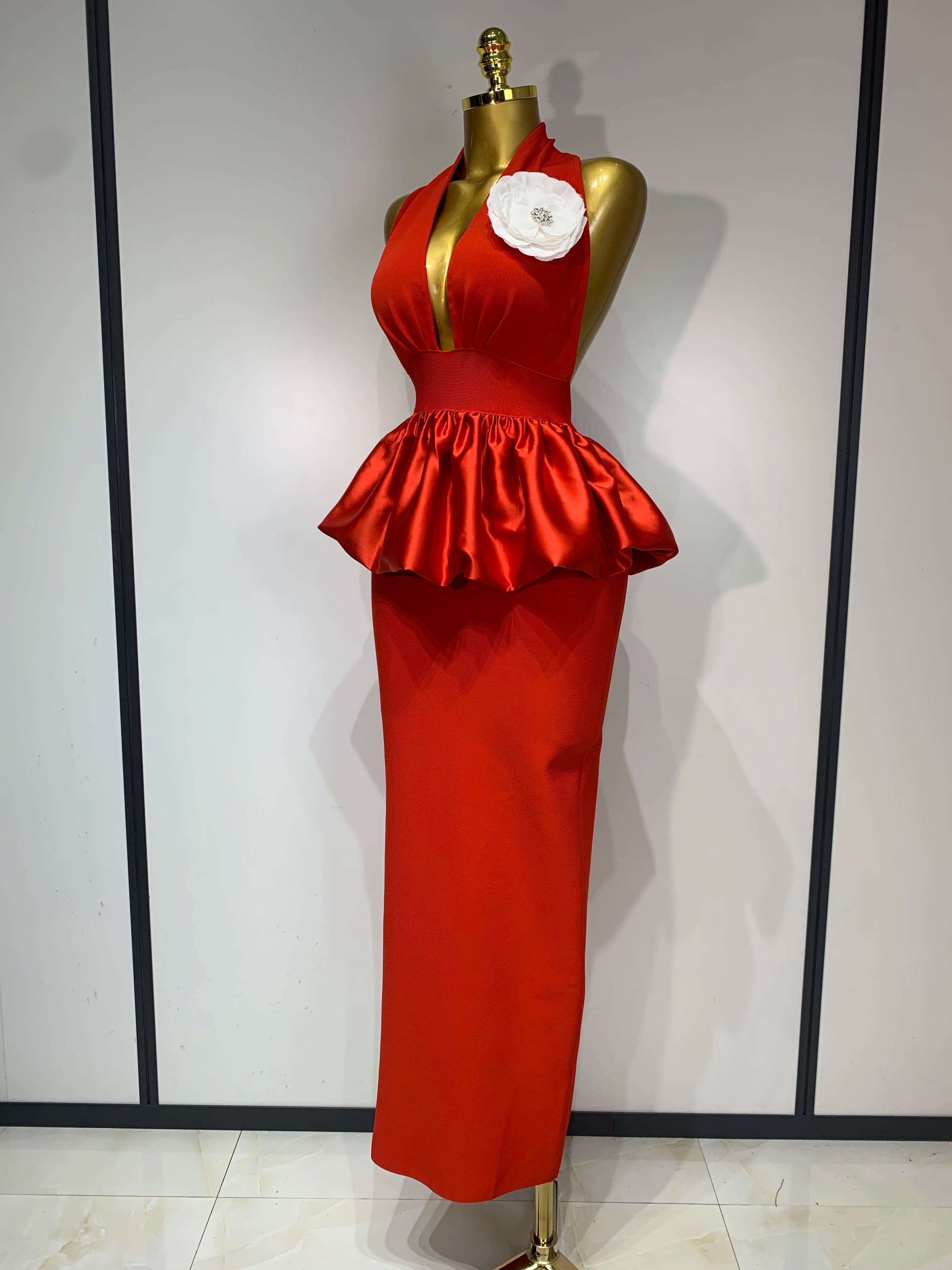 Women Sexy Backless Red Flower Maxi Long Bodycon Bandage Dress 2025 Celebrity Elegant Evening Party Nightclub Photo Shoot Dress