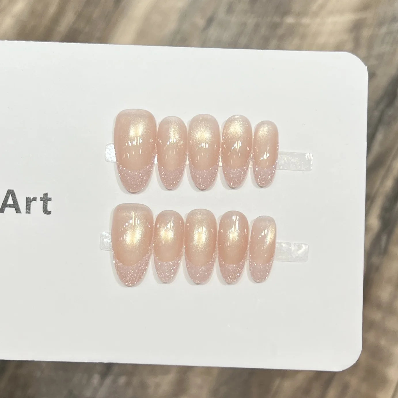 10Pcs Handmande Mid-length Almond False Nails Full Cover Glitter Pink Cat Eye Designs Nail Tips Reusable French Finished Nail