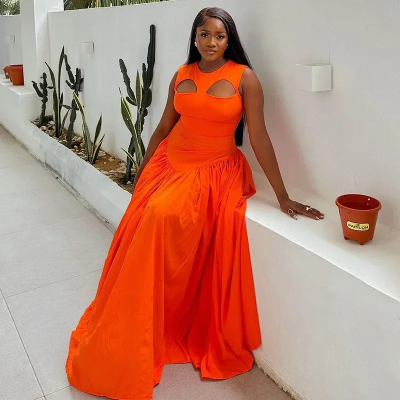 CM.YAYA 2024 Summer Sleeveless Sweet Cute O-Neck Hollow Out Slim Floor-Length Long Women Dress Beach Streetwear Maxi Dresses orange red