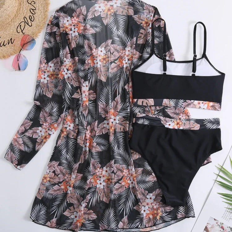 2024 New 3 Pieces Set High Waist Bikini Women Swimsuit&Kimono Bandeau Swimwear Sexy Cover Ups Floral Beachwear Bathing Suit