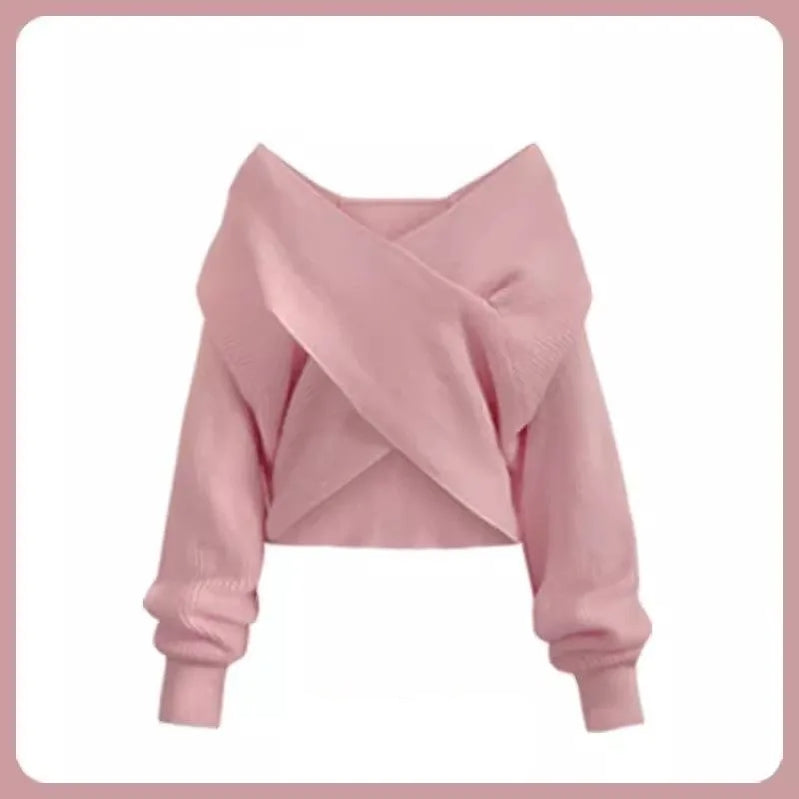 Autumn/Winter New Korean Elegant Matching Set Women's Fashion Cross Knit Sweater+Bottom Shirt+Strap Dress Three Piece Suit Pink Sweater