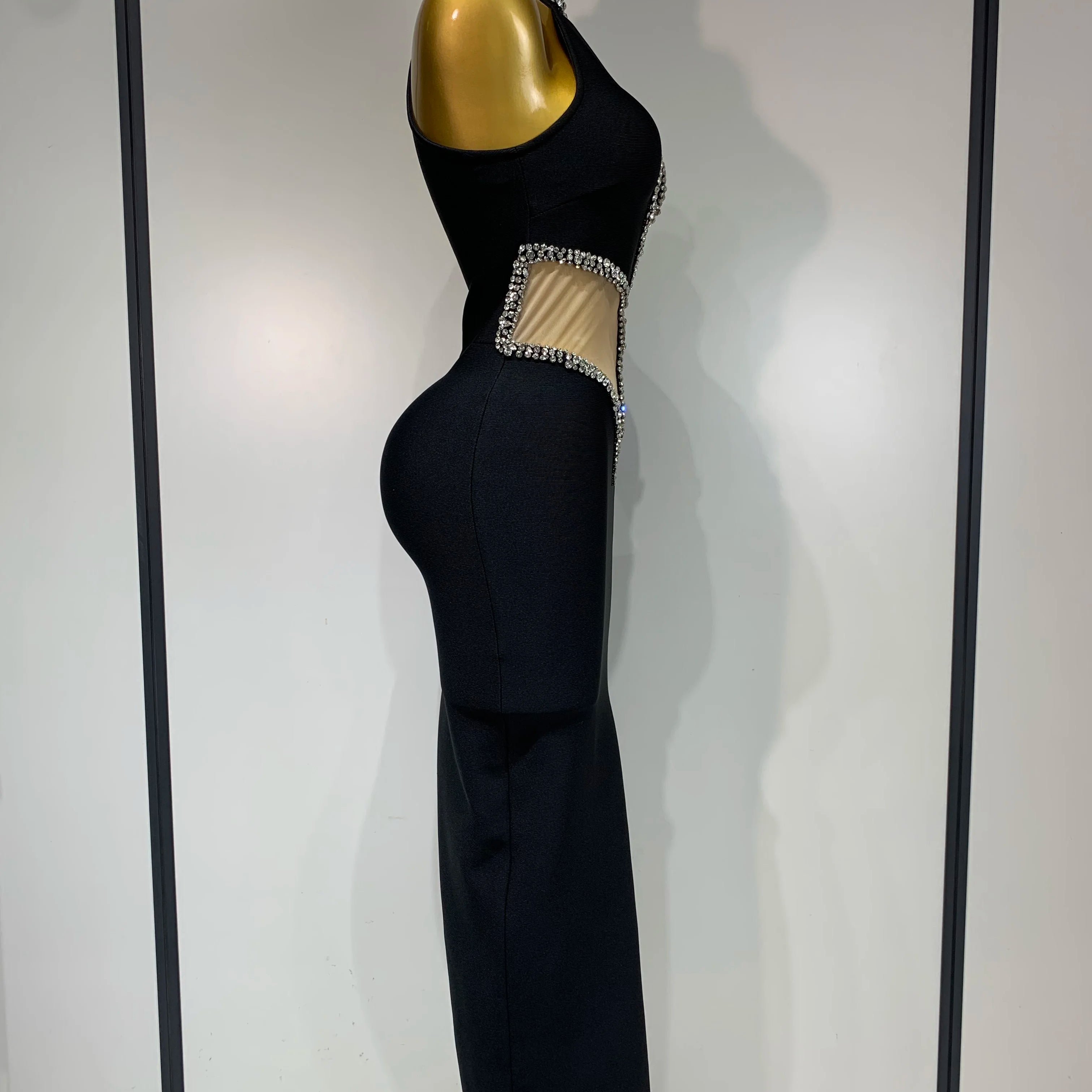 Women Sexy Rhinestone Black Sleeveless Mesh Patchwork New Arrival Stretch Bodycon Bandage Party Dresses Elegant Birthday Dress