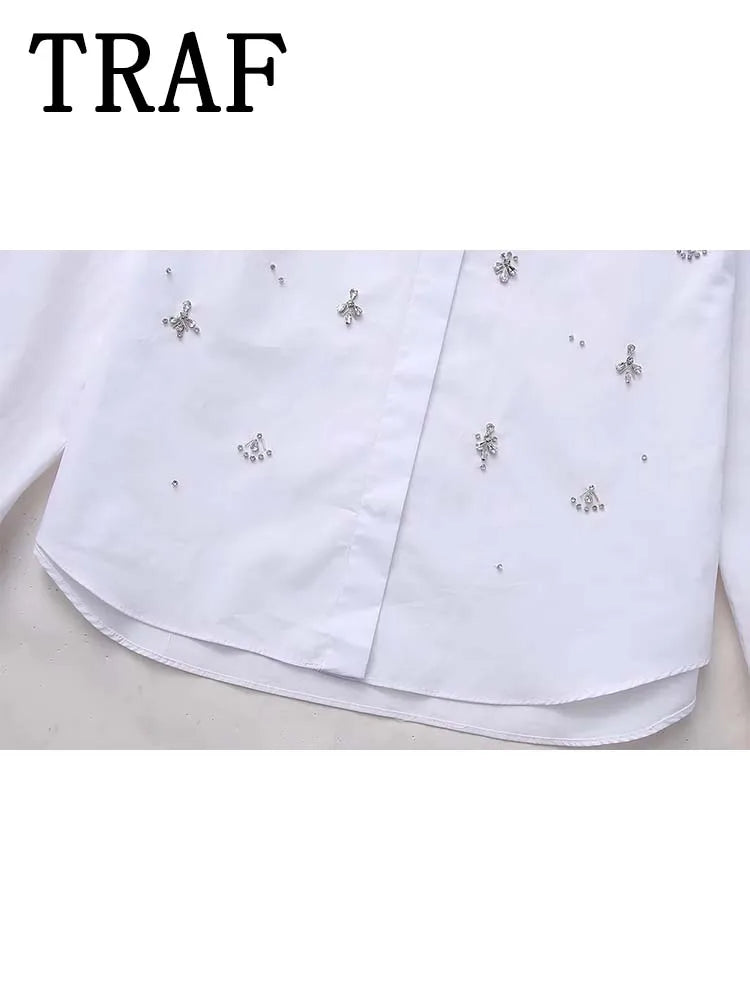 White Shirt Women Rhinestone Button up Shirts for Women Long Sleeve Shirts and Blouses Woman Asymmetric Tops