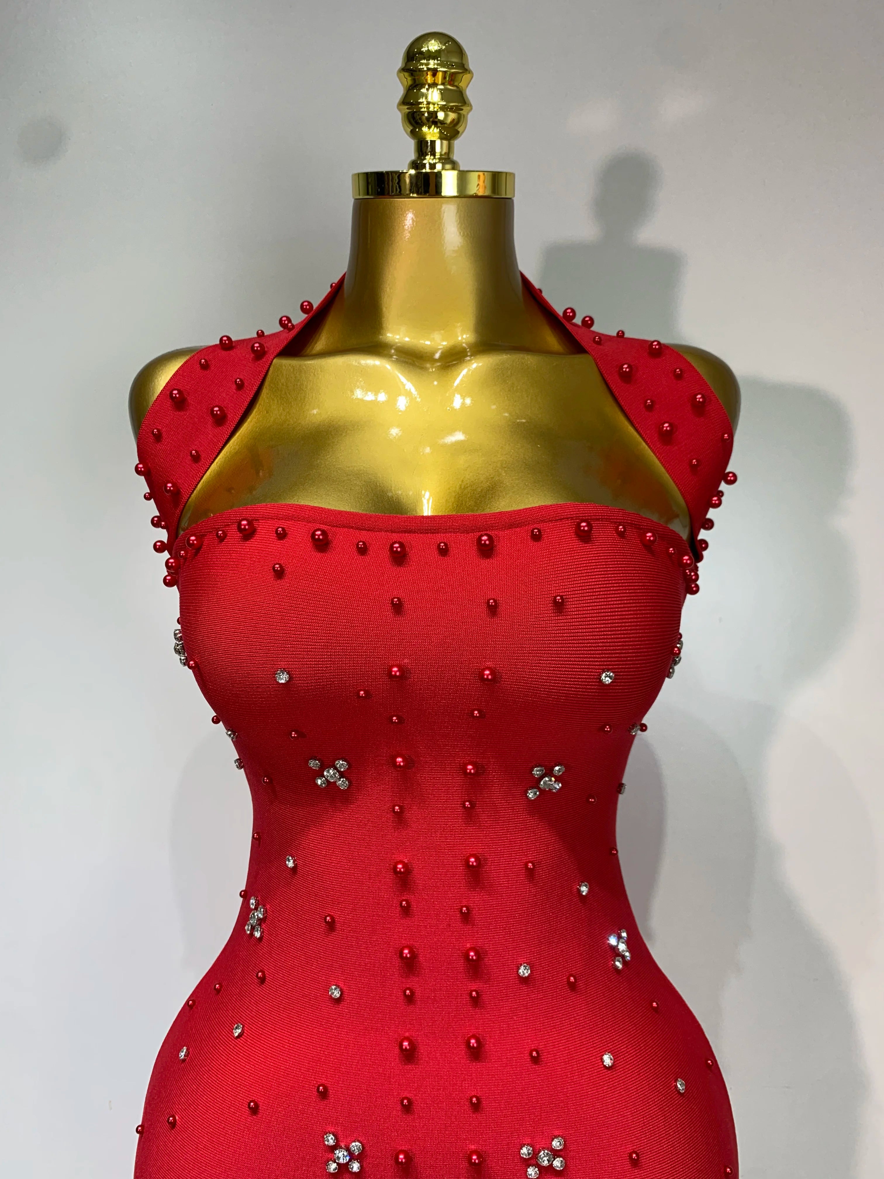 Women Sexy Halter Backless Shiny Rhinestone Pearl Bodycon Bandage Dress Celebirty Elegant Evening Party Luxury Birthday Dress