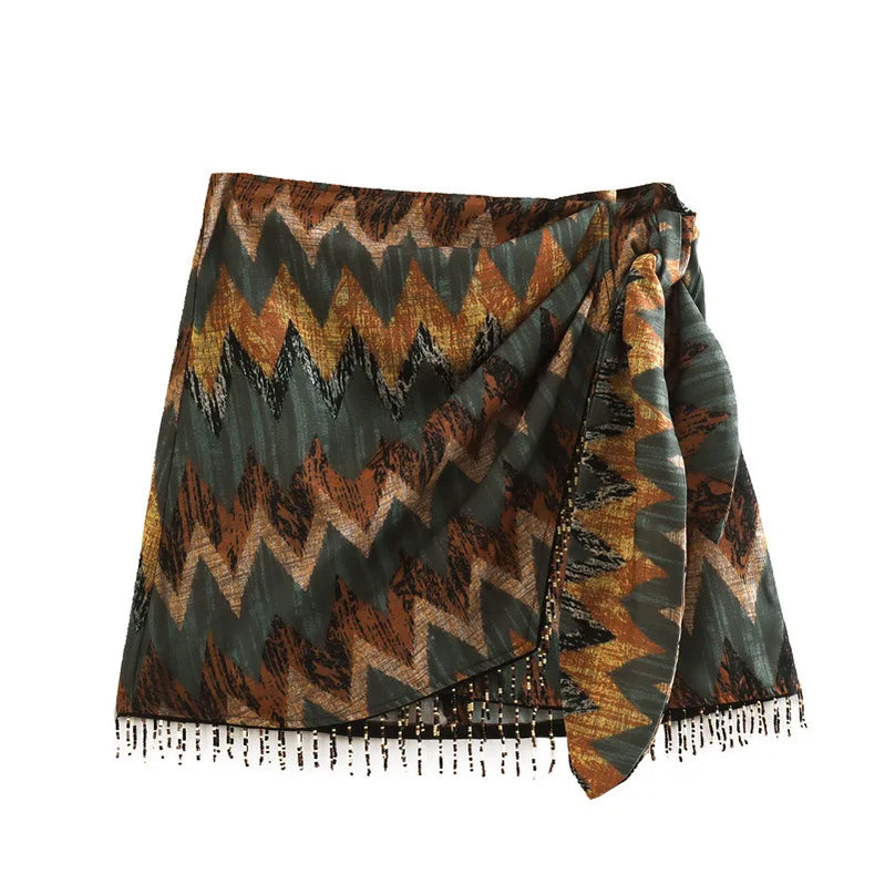 Summer New Vintage Geometric Print Mini Skirt Side Knotted Sarong Beaded Fringe Wrap Vestidos Casual Zip Short Skort Mujer